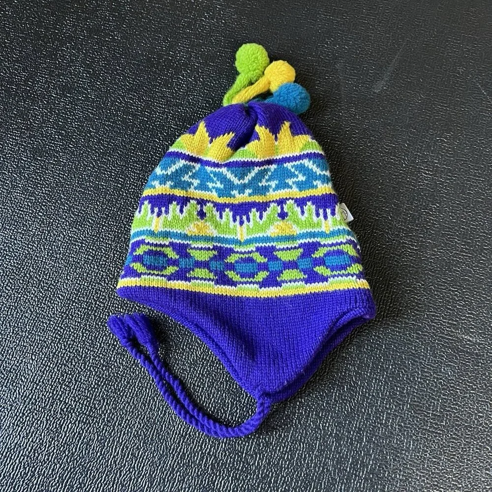 Vintage Igloos Purple Yellow‎ Nordic Knit Wool Beanie Hat Ear Flaps Ski Vikings